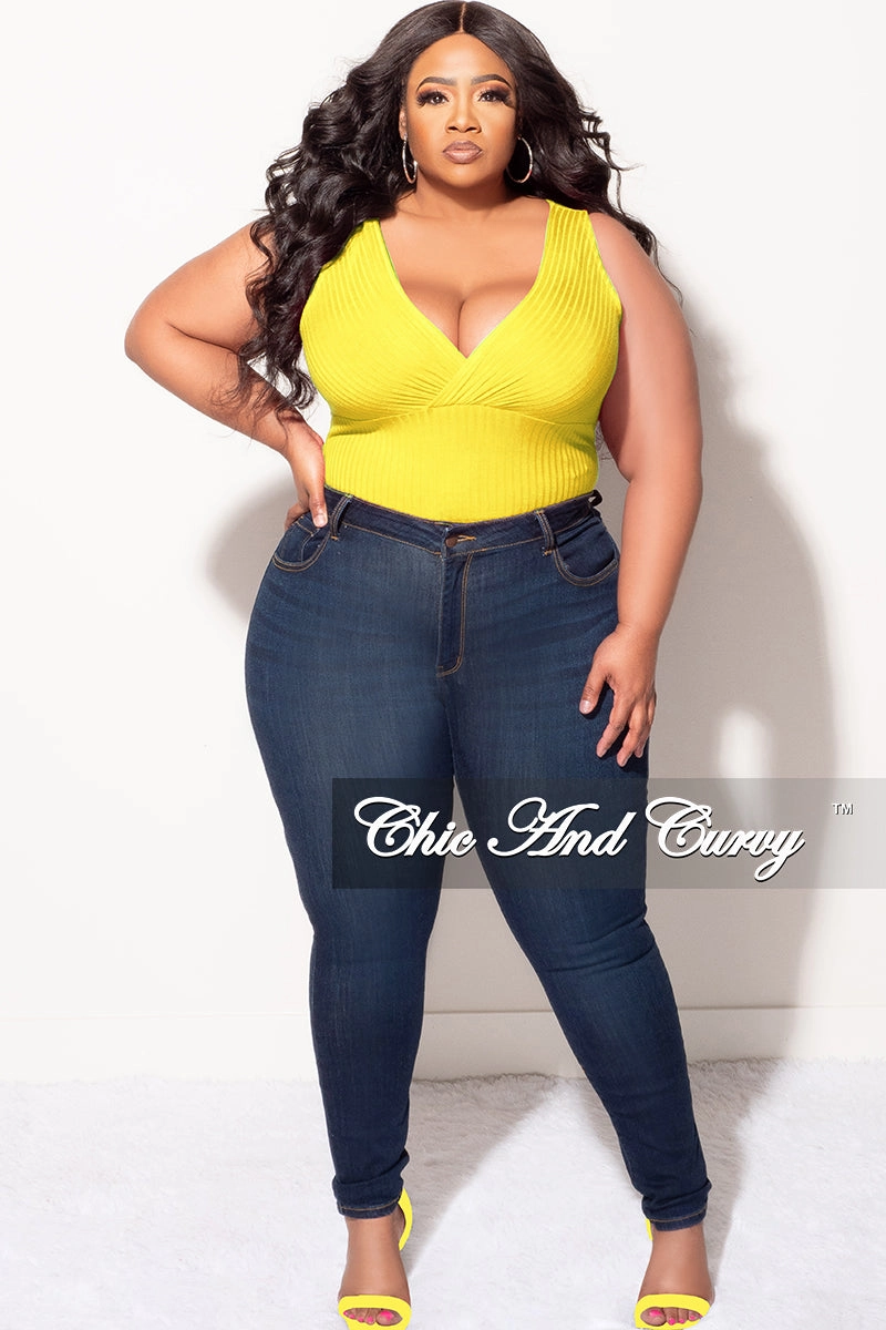 Light support Final Sale Plus Size Ribbed Faux Wrap Sleeveless Bodysuit in Yellow