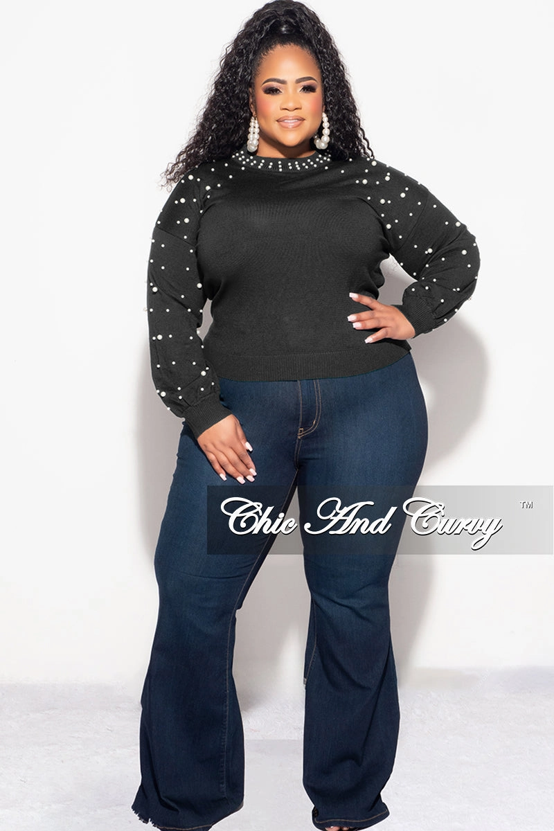 Quick Wear Fit Final Sale Plus Size Black Sweater with Pearl Detailed Sleeves