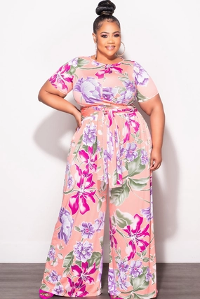 Cool Touch Final Sale Plus Size 2pc Short Sleeve Tie Top and Pants Set in Coral & Lavender Multi Color Print