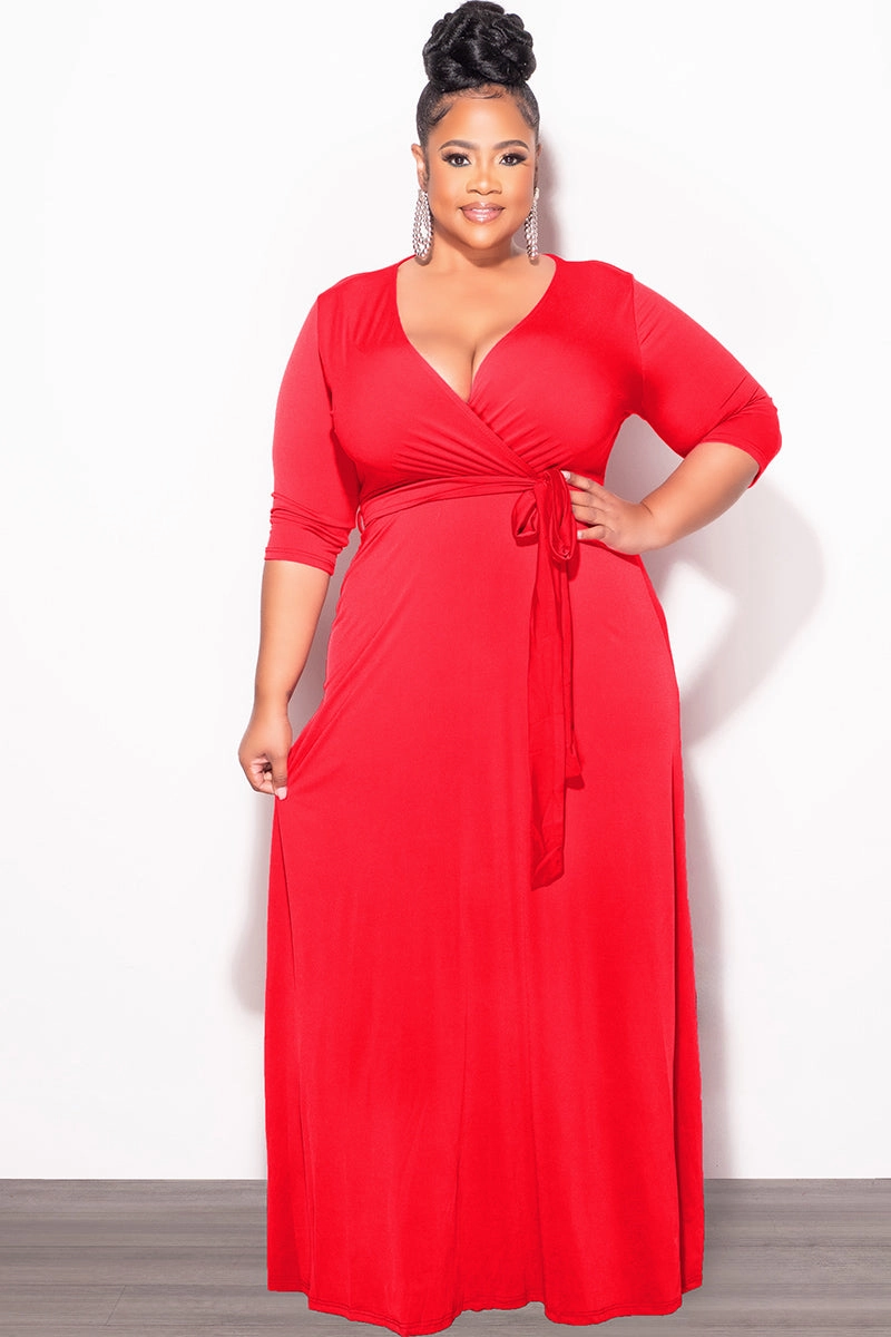 Flowy legs Layered Look Final Sale Plus Size Faux Wrap Dress in Red