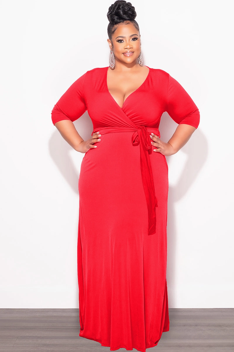 Final Sale Plus Size Faux Wrap Dress in Red Easy Care Fabric Finish Minimal Stretch Fit