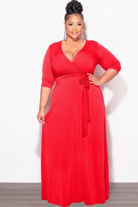 Flowy legs Layered Look Final Sale Plus Size Faux Wrap Dress in Red