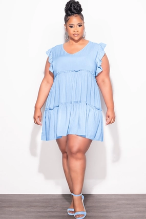 Final Sale Plus Size Ruffle Sleeve 3-Tiered Baby Doll Dress in Cream Blue (Rayon Not Stretchy) work mode SmoothZipper