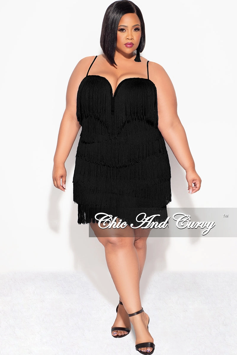 Lightweight insulation Flexible Waistband Adaptation Final Sale Plus Size Spaghetti Strap BodyCon Fringe Dress in Black