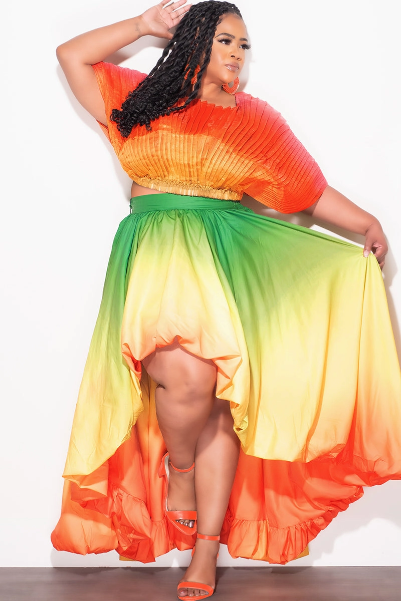 Final Size 2pc Pleated Off the Shoulder Top and Highlow Skirt Set in In Yellow Green and Orange Sleek Look
