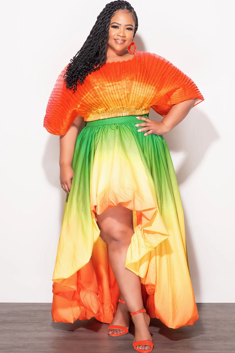 Final Size 2pc Pleated Off the Shoulder Top and Highlow Skirt Set in In Yellow Green and Orange All Day Use Sleek lines