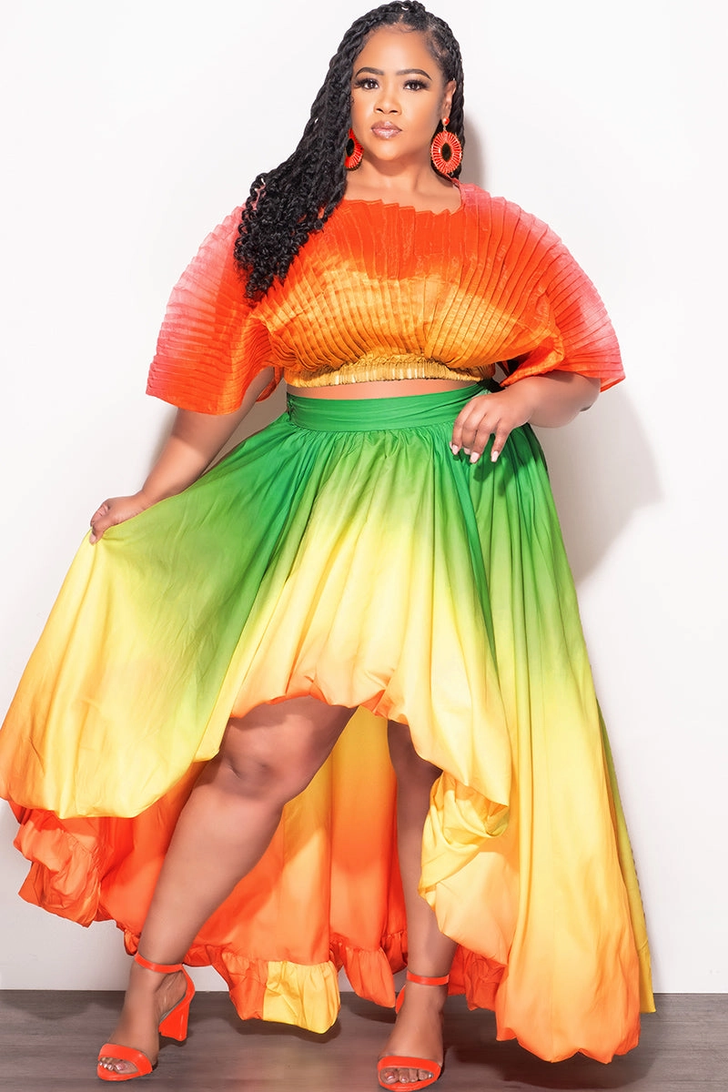 Final Size 2pc Pleated Off the Shoulder Top and Highlow Skirt Set in In Yellow Green and Orange Slim wear Carbon Infused Fabric