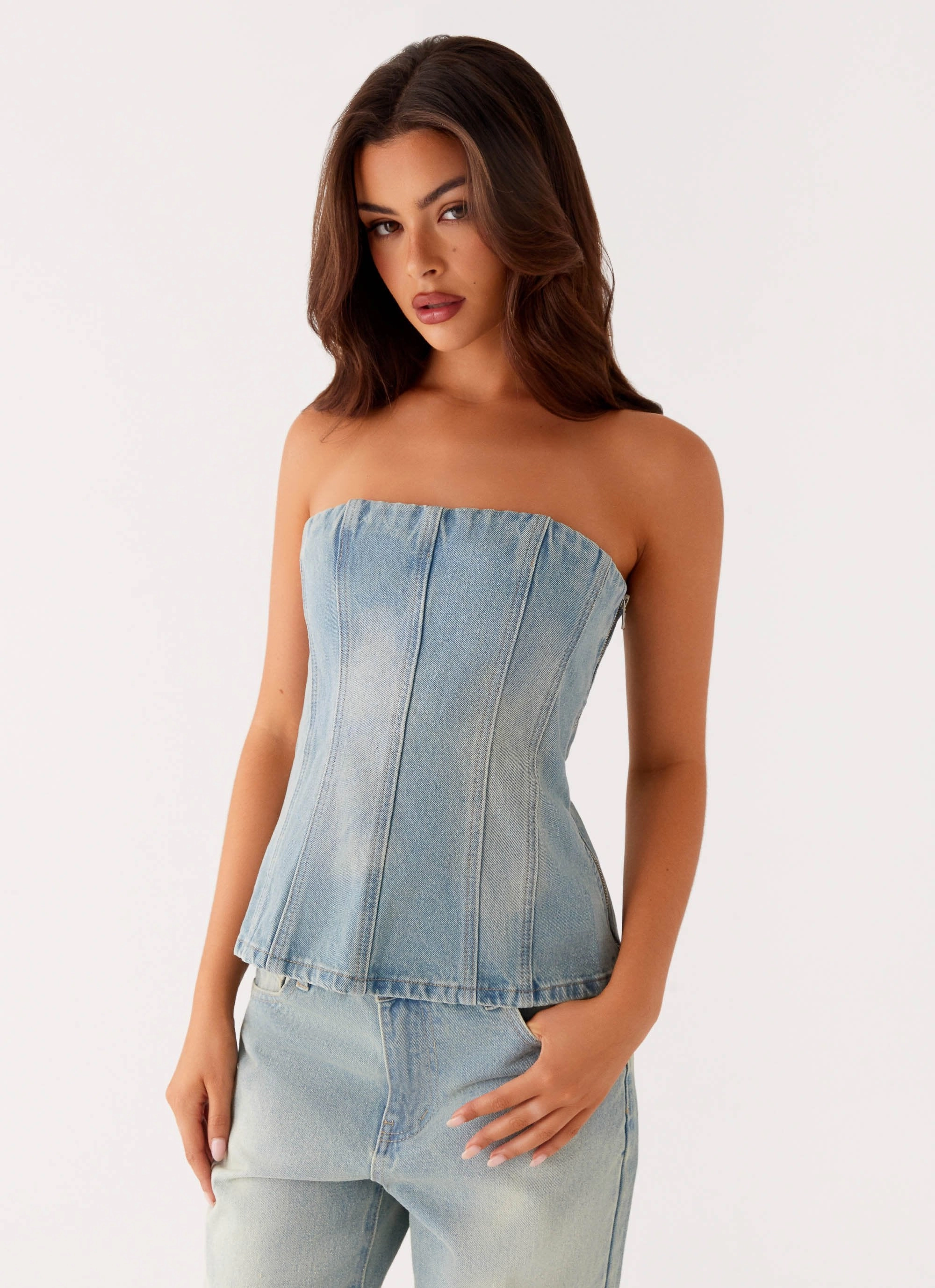 Snag Resistant Surface Printed T-shirt Vino Strapless Denim Top - Vintage Denim