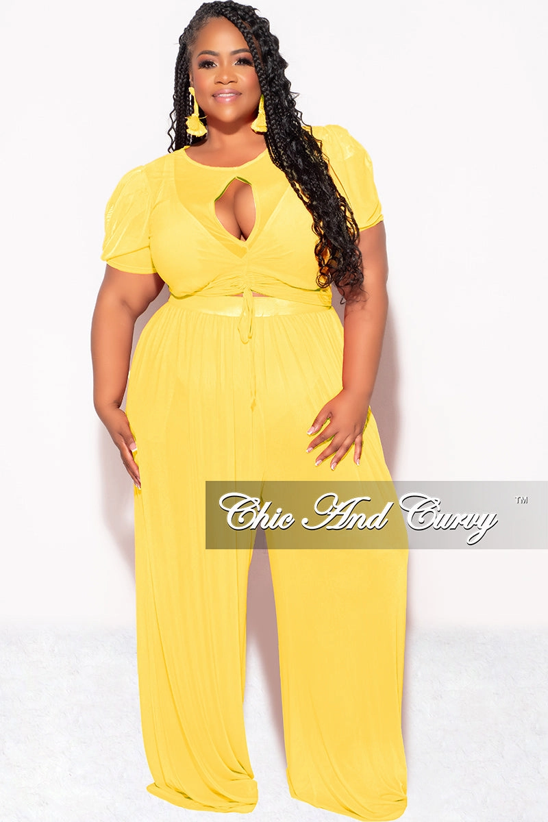 Dressy look No Gap Waist Final Sale Plus Size Mesh 3pc Set Top, Bralette, & Pant with Briefs in Yellow