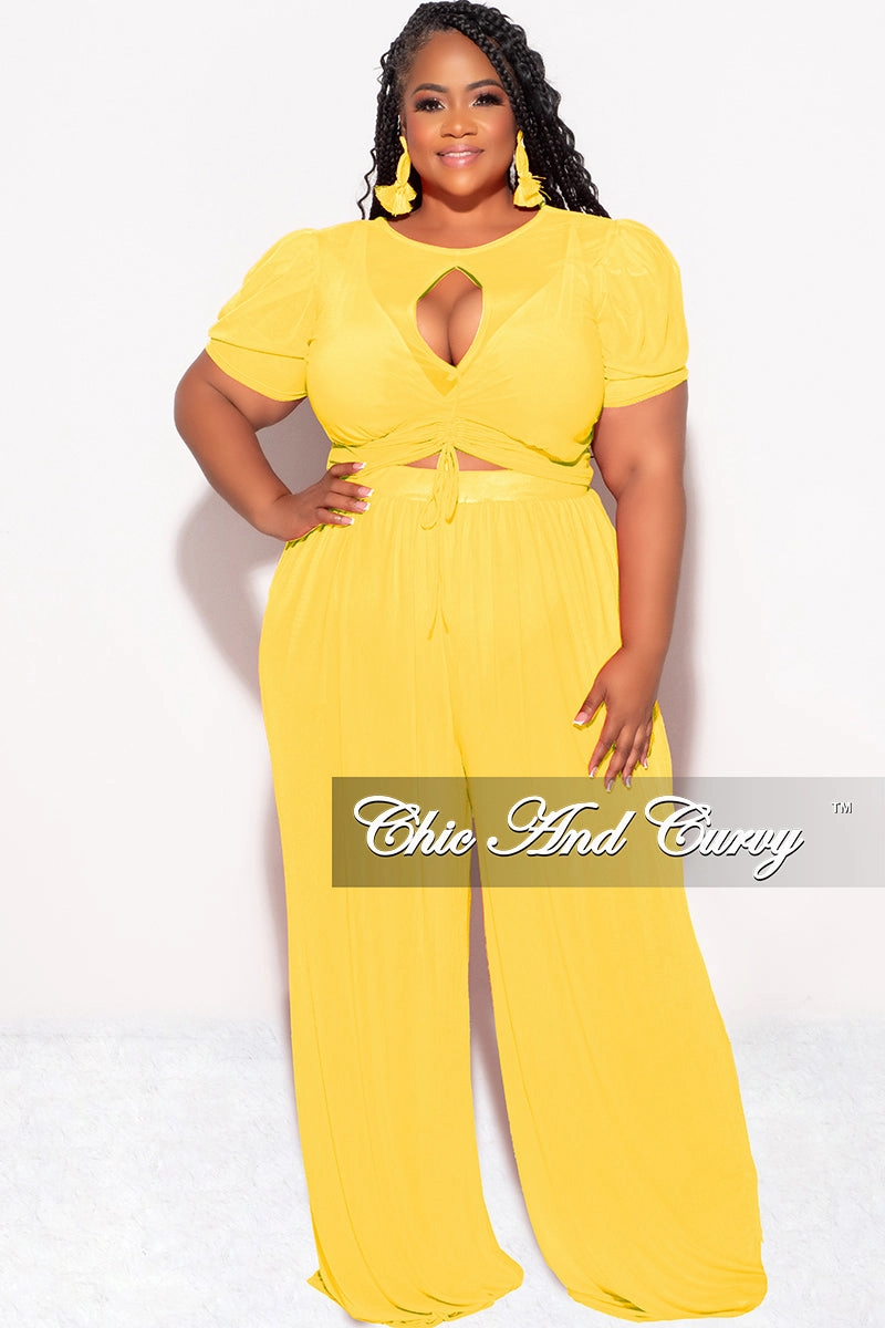 Final Sale Plus Size Mesh 3pc Set Top, Bralette, & Pant with Briefs in Yellow Easy Wear Reflective Trim