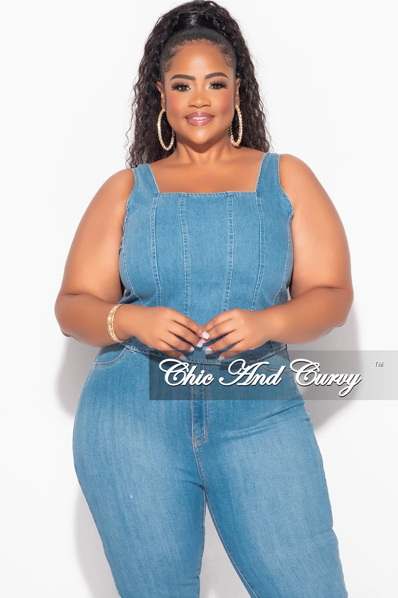 Final Sale Plus Size Sleeveless Crop Top with Shirred Back in Denim Water Resistant