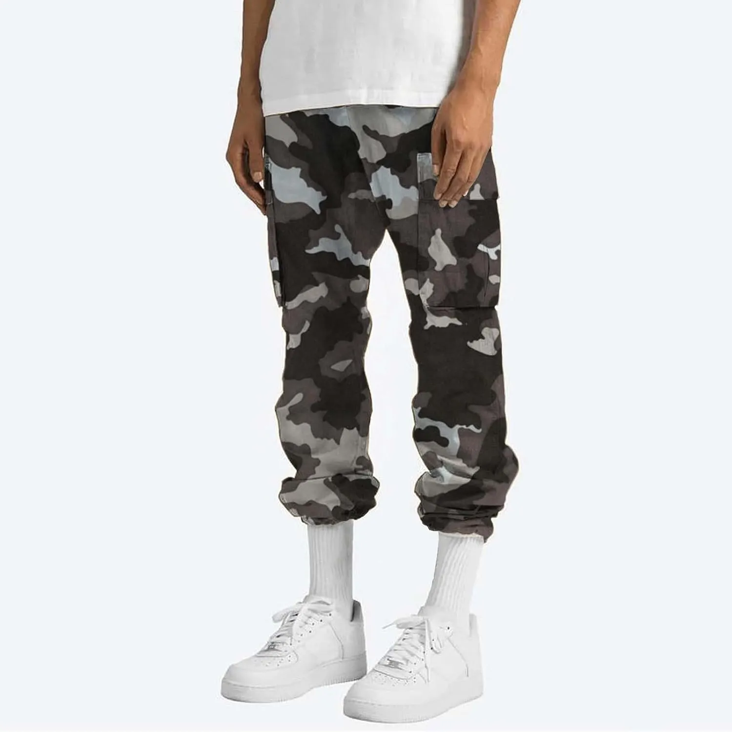 LCMTWX Sweat Pants Camouflage Print Cargo Pants Drawstring Stretch Elastic Waist Tapered Pants with Pockets Mens Elastic
