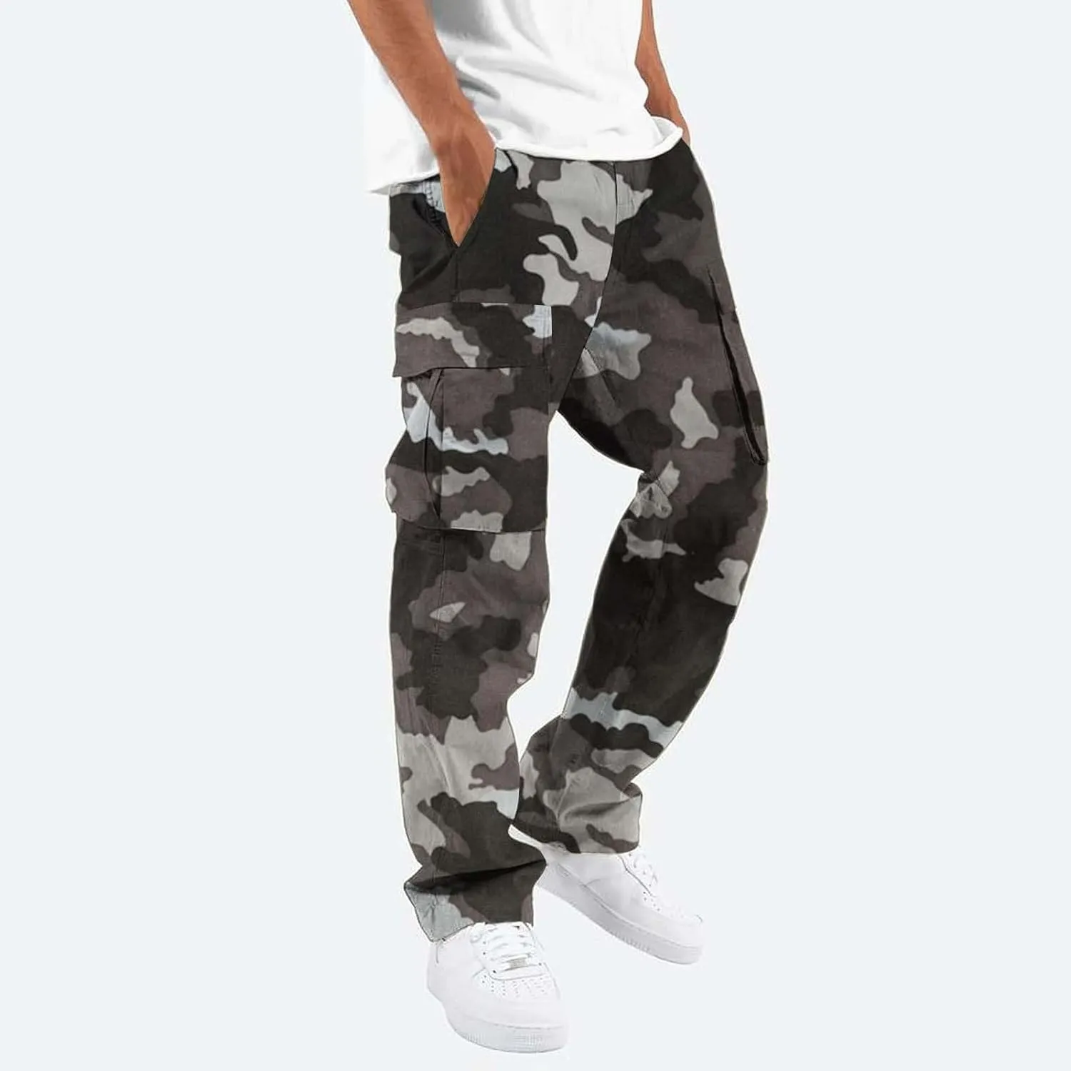 LCMTWX Sweat Pants Camouflage Print Cargo Pants Drawstring Stretch Elastic Waist Tapered Pants with Pockets Mens Elastic