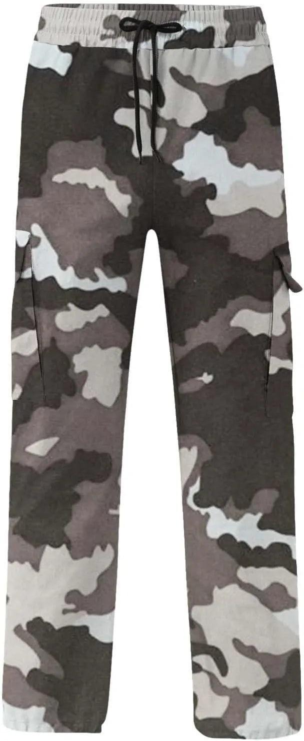 LCMTWX Sweat Pants Camouflage Print Cargo Pants Drawstring Stretch Elastic Waist Tapered Pants with Pockets Mens Elastic