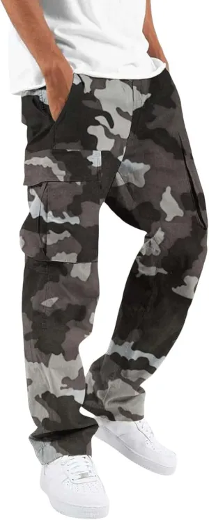 LCMTWX Sweat Pants Camouflage Print Cargo Pants Drawstring Stretch Elastic Waist Tapered Pants with Pockets Mens Elastic