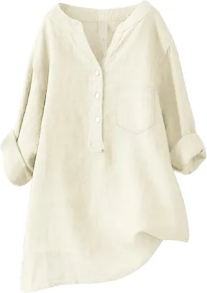LCMTWX Womens Button Down Shirt Womens Linen Button Down Shirts Cotton Long Sleeved Blouse Blouses Dress