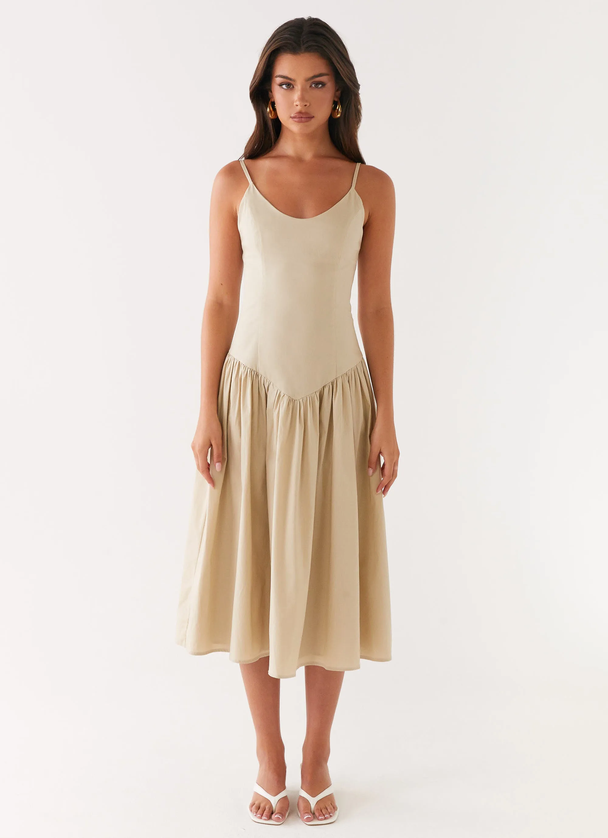 Airy Layer Fitted Base Azalea Midi Dress - Beige