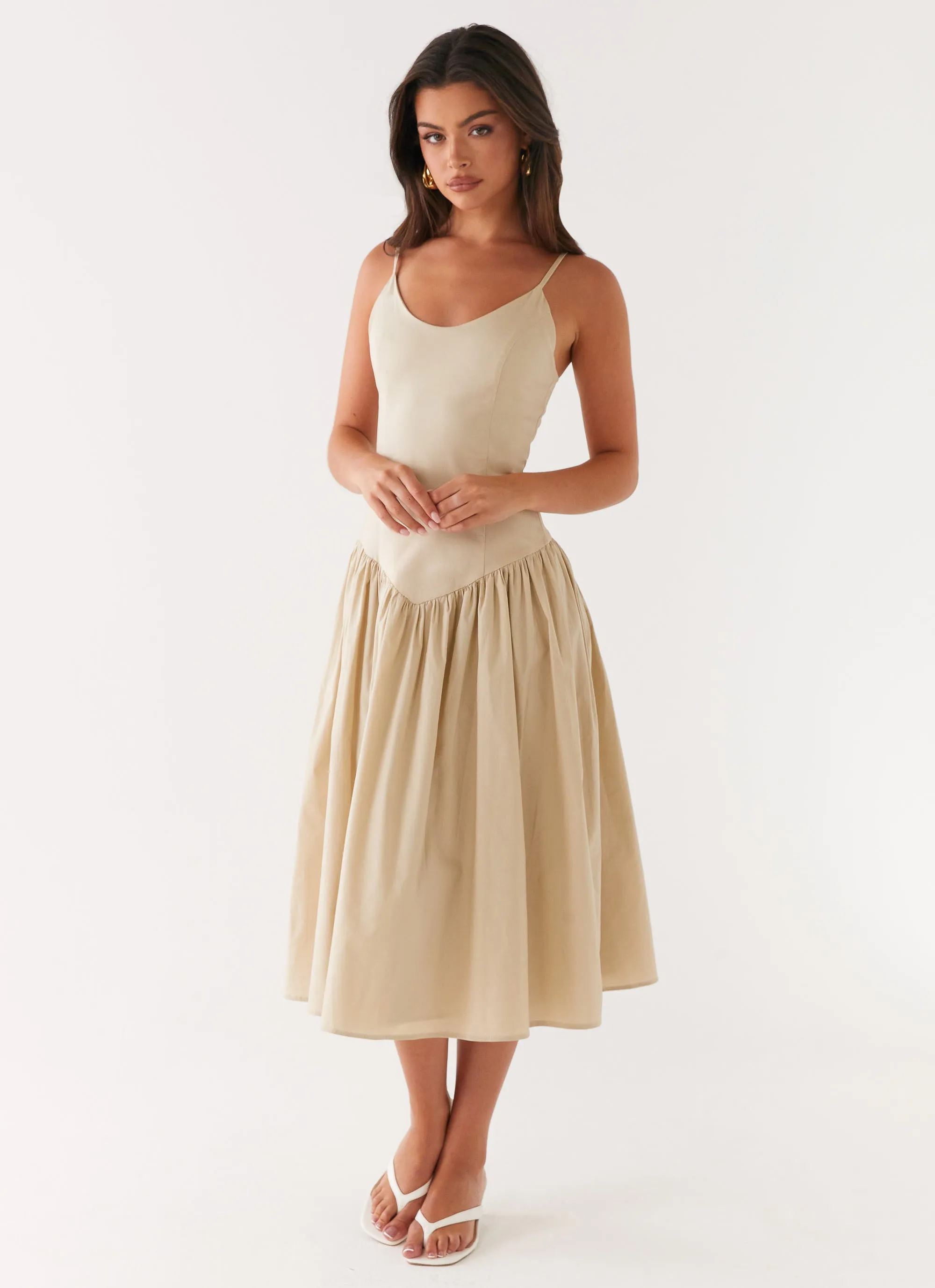 Azalea Midi Dress - Beige Snag-Resistant Fold-Over-Detail
