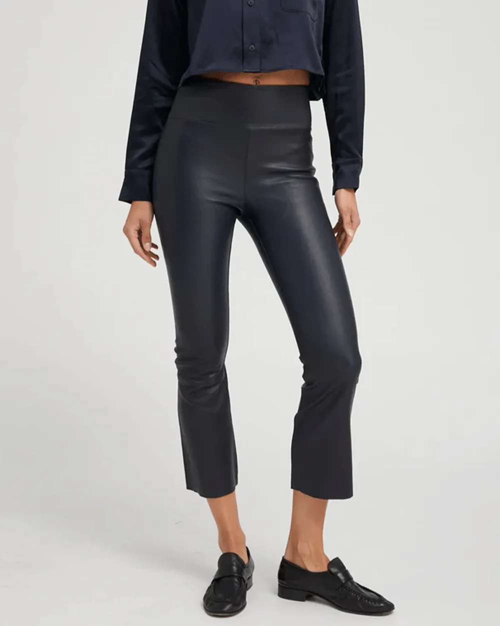 Leather Crop Flare Legging in Navy