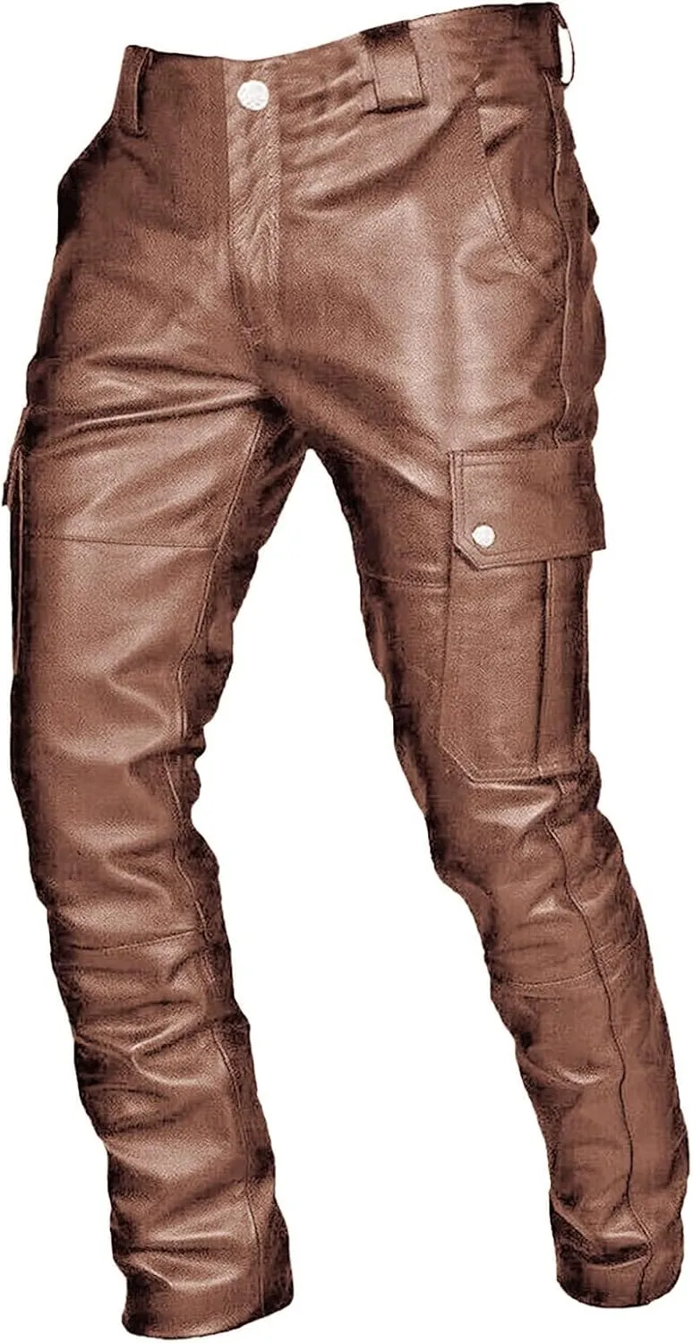 Leather Pants for Men Baggy Goth Sweatpants with Cargo Pockets Slim Skinny Faux Leather Pants Trousers