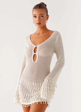 Office Casual Chilly Weather Layer Majestic Beaded Crochet Mini Dress - Ivory