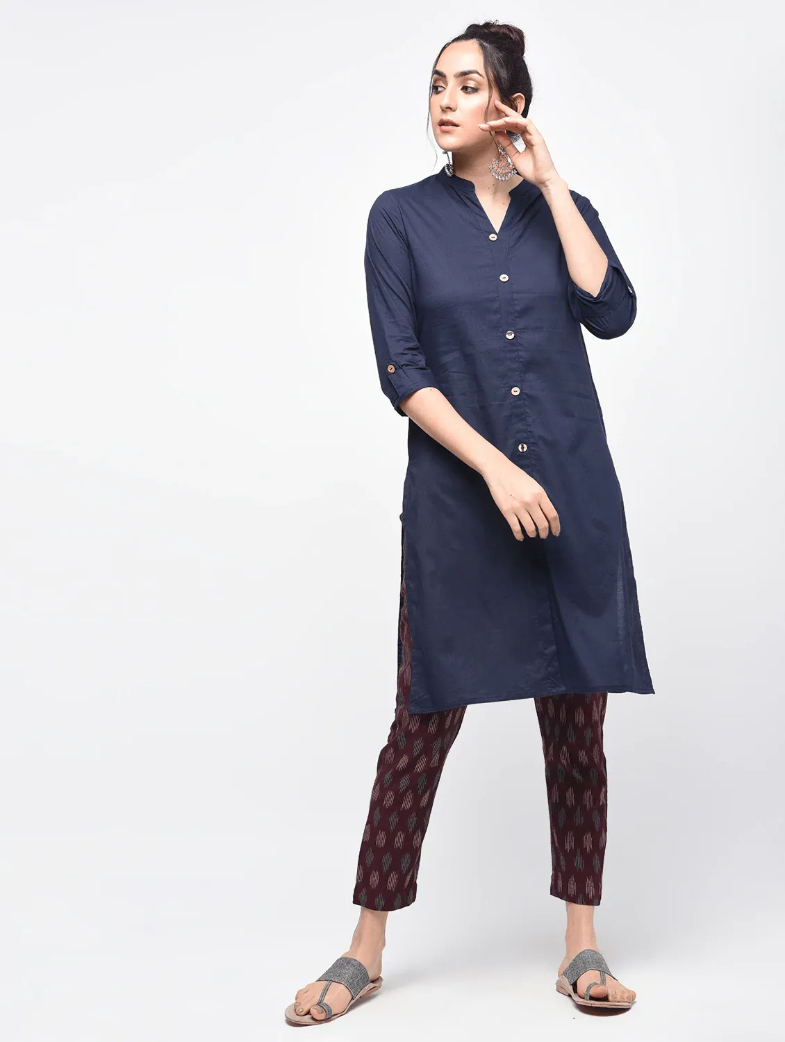 Lemon Tart Clothing LTK23 Button Neck Kurti - Navy Blue