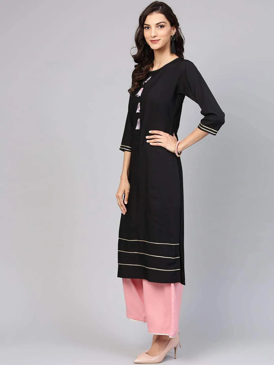 Lemon Tart Clothing LTK9 Lace and Tassel Lawn Detail Kurti - Black