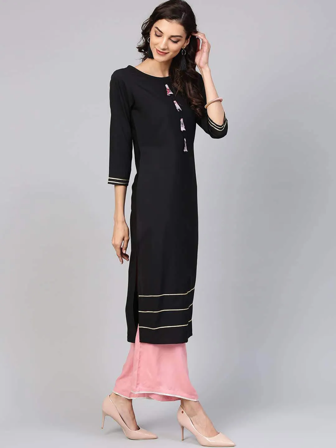 Lemon Tart Clothing LTK9 Lace and Tassel Lawn Detail Kurti - Black