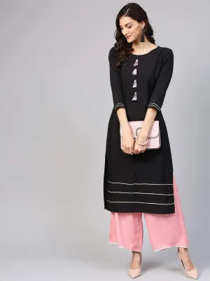 Lemon Tart Clothing LTK9 Lace and Tassel Lawn Detail Kurti - Black