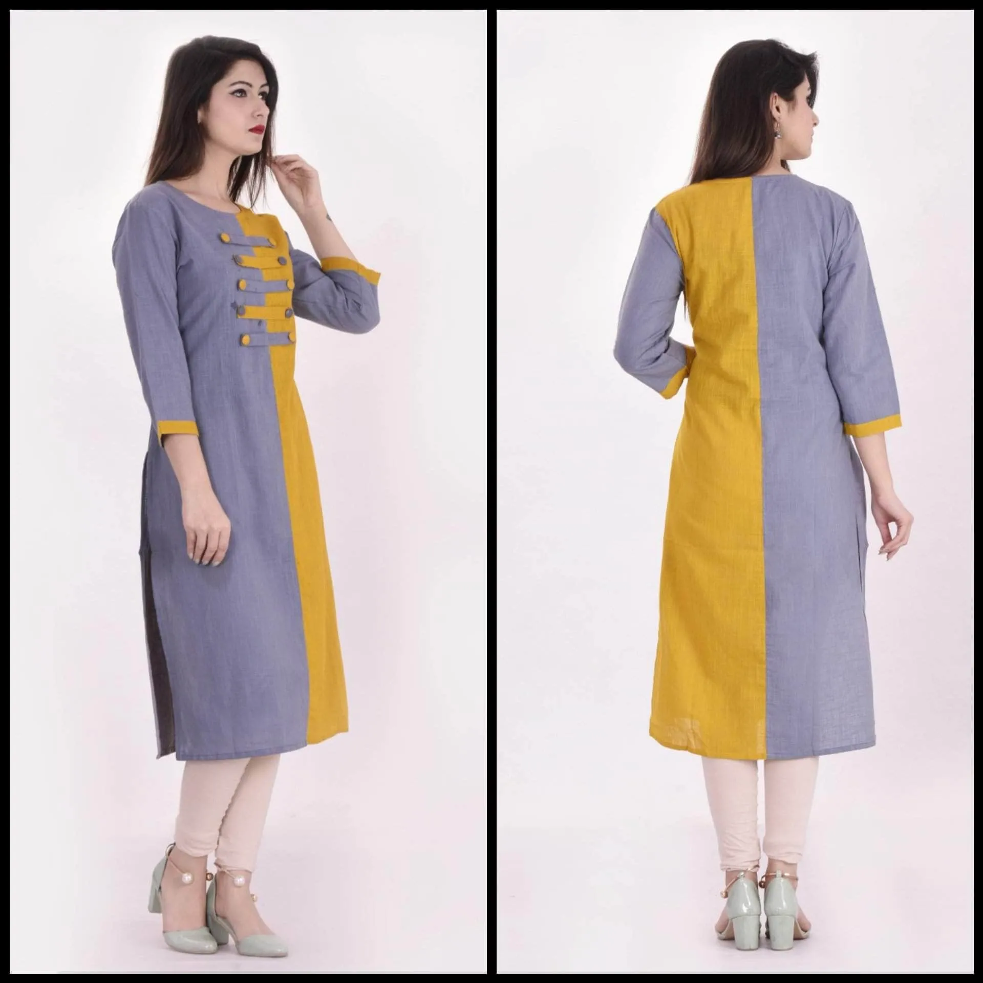 Lemon Tart Clothing LTK99 Color Block Button Detail Stitched Kurti - YG