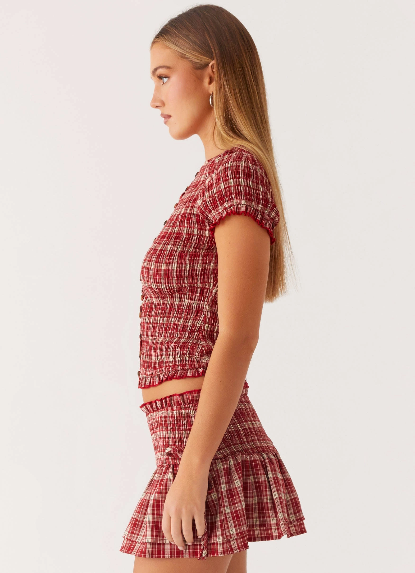 Lenore Button Top - Ruby Check EcoFriendly Dye