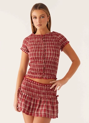Lenore Button Top - Ruby Check Buttery Soft Handfeel
