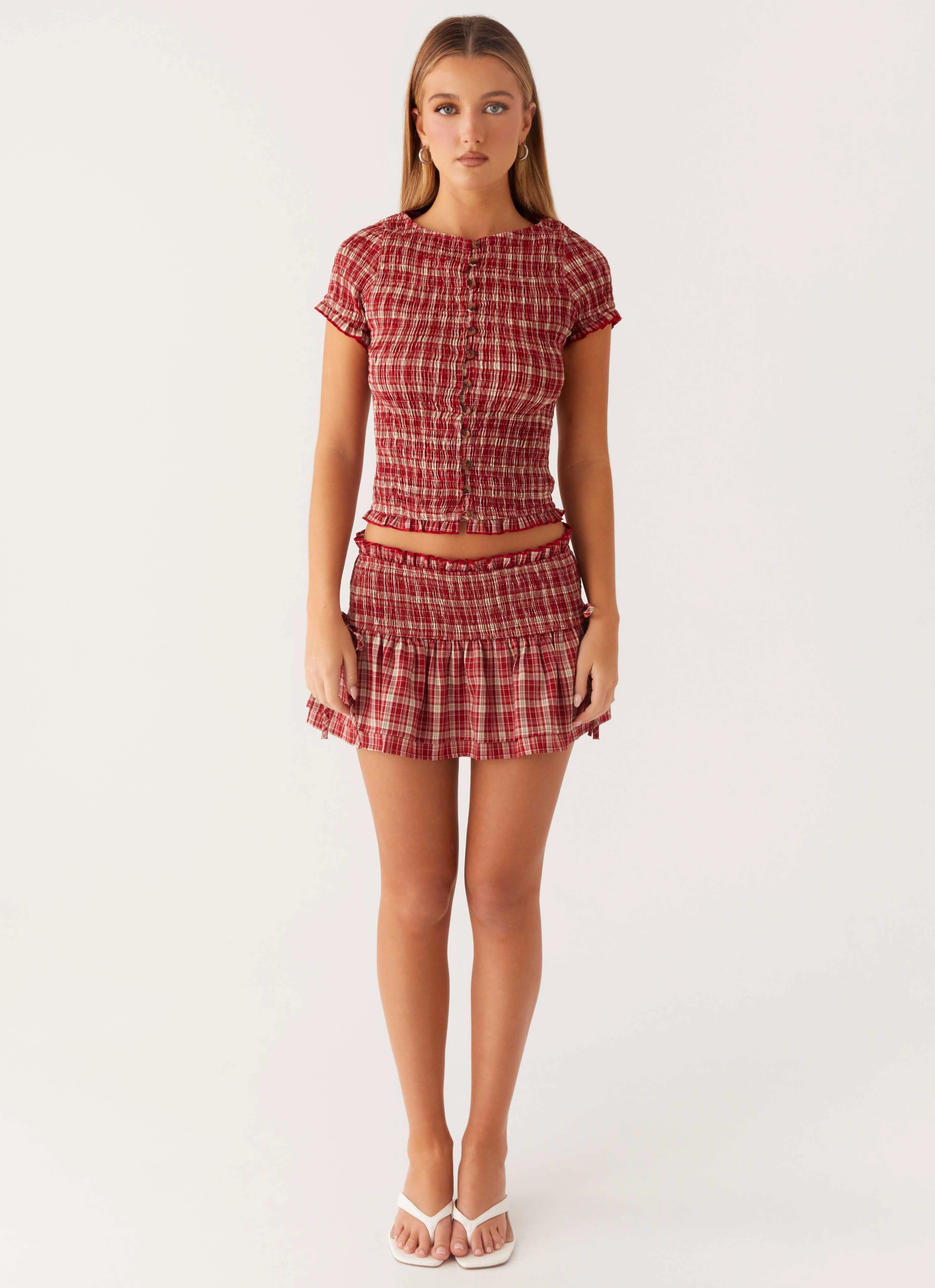 Lenore Button Top - Ruby Check Fitted Tank Trendy Cardigan