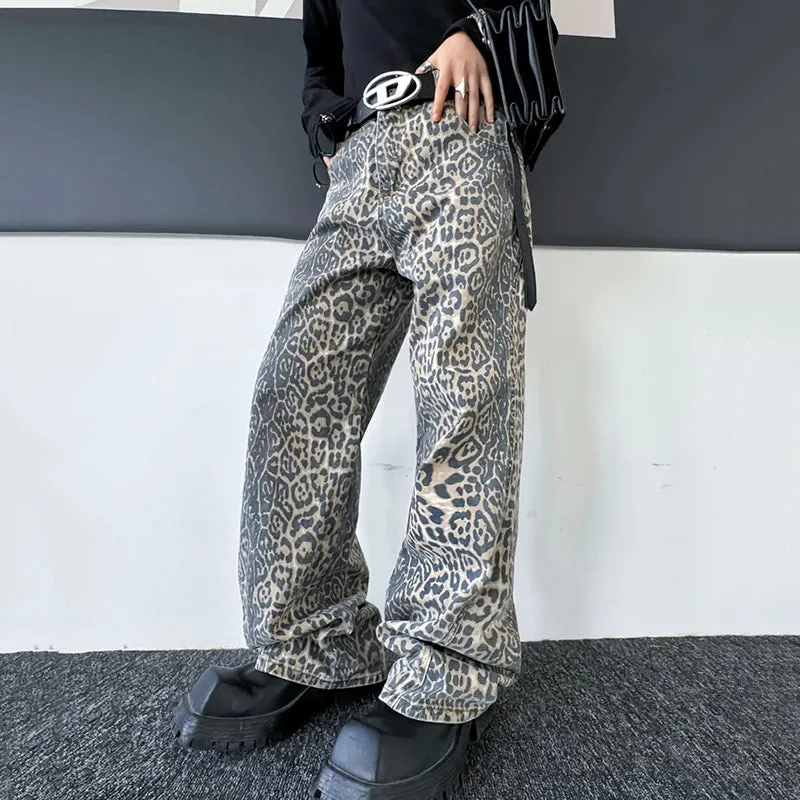 Leopard Pattern Mid-Waist Loose Jeans
