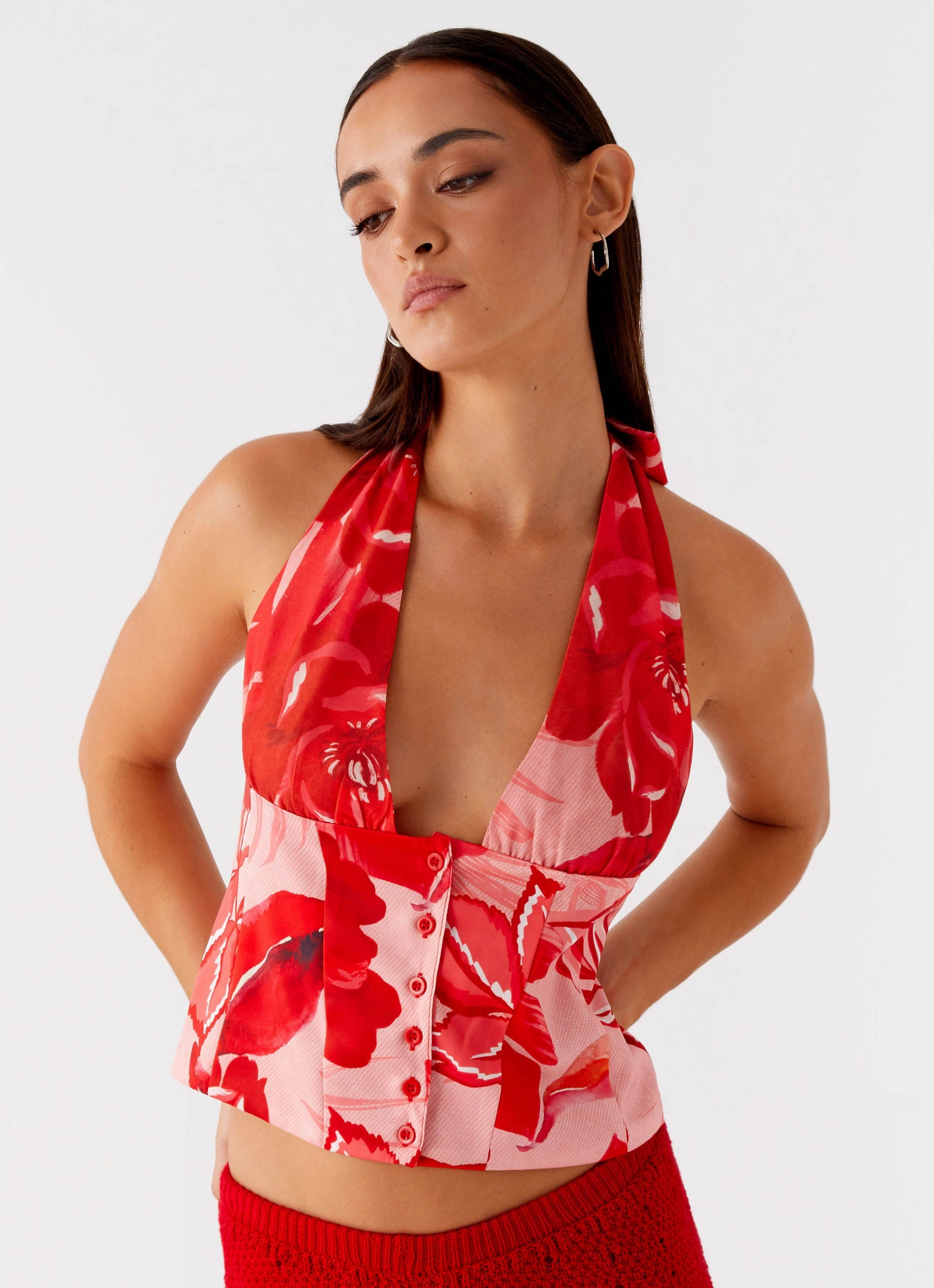 Lets Pretend Halterneck Top - Sicily Sunsets Print Comfy Layer