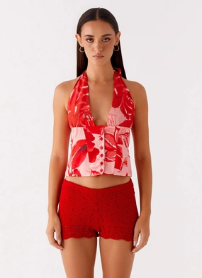 Lets Pretend Halterneck Top - Sicily Sunsets Print Taped Neckline Workout Apparel