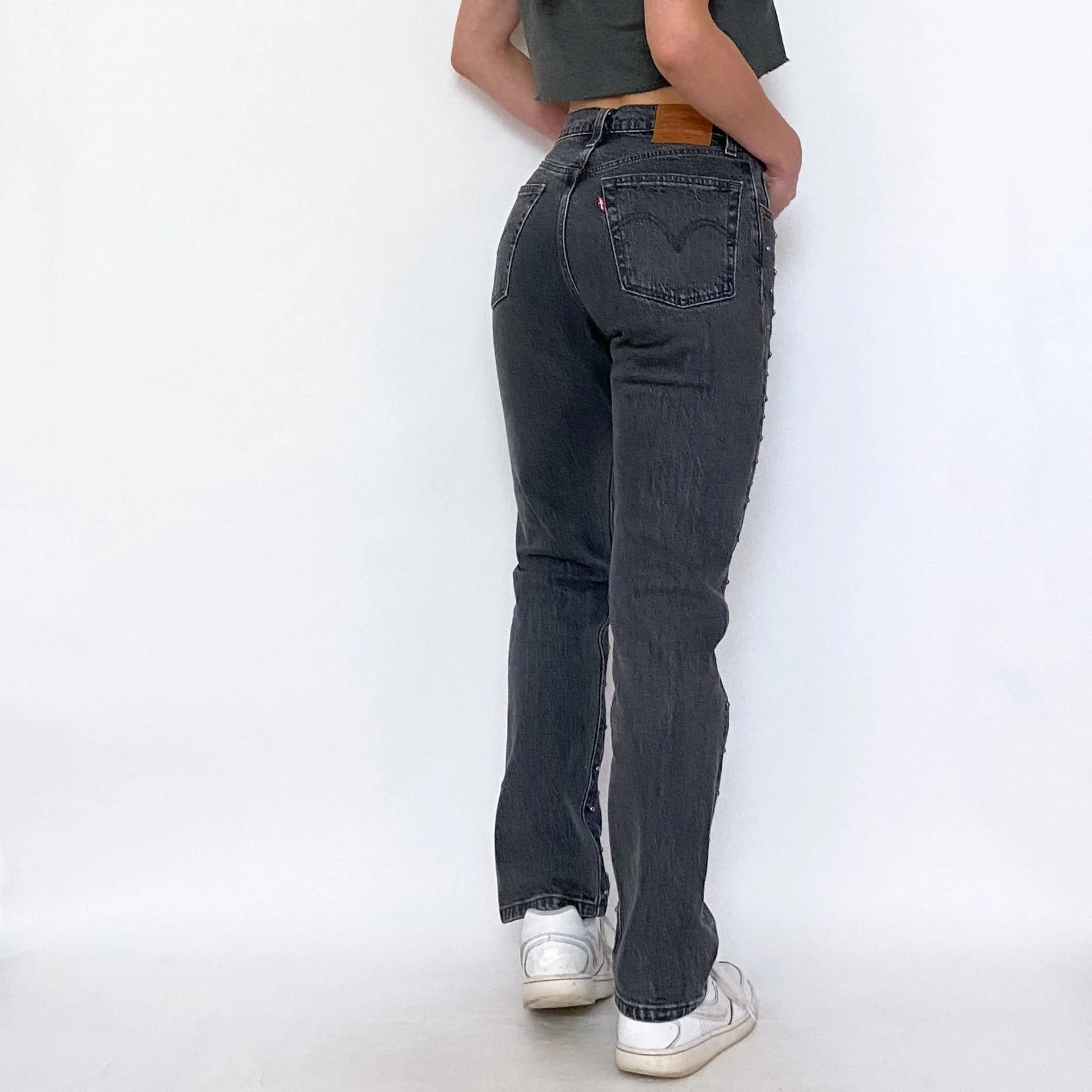 Levi's 501 Gray Rhinestone Studded High Rise Jeans
