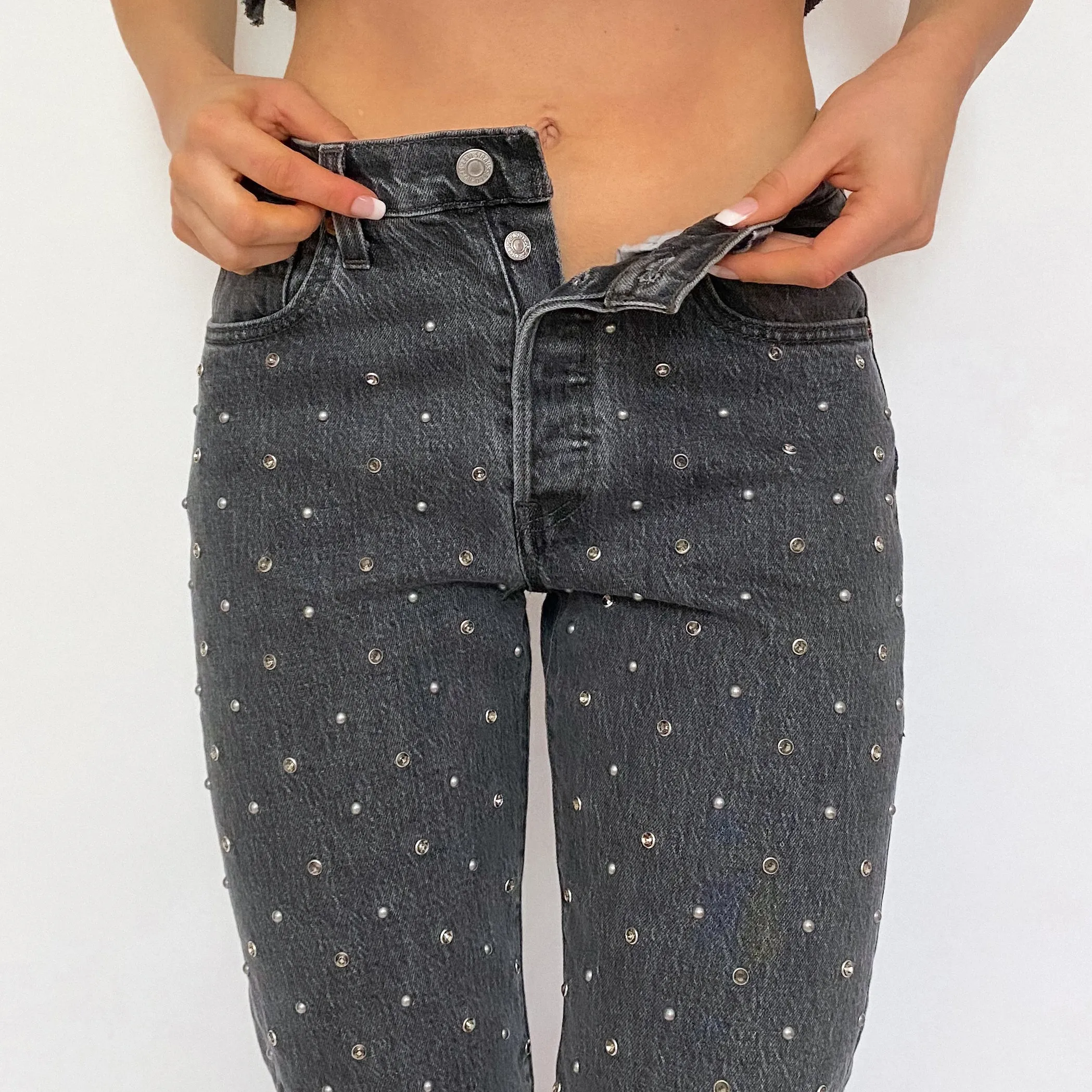 Levi's 501 Gray Rhinestone Studded High Rise Jeans