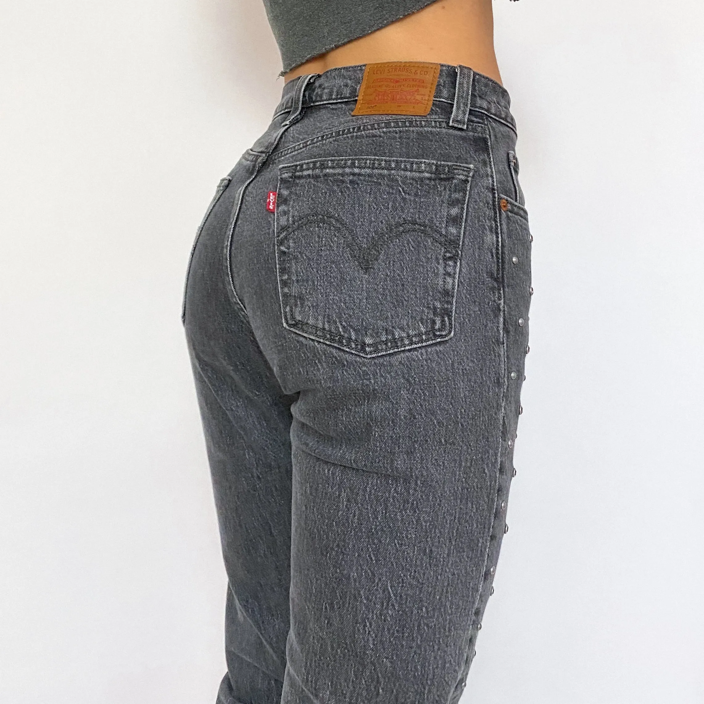 Levi's 501 Gray Rhinestone Studded High Rise Jeans