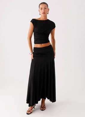 Liana Ruched Maxi Skirt - Black Erasable Logo Patch