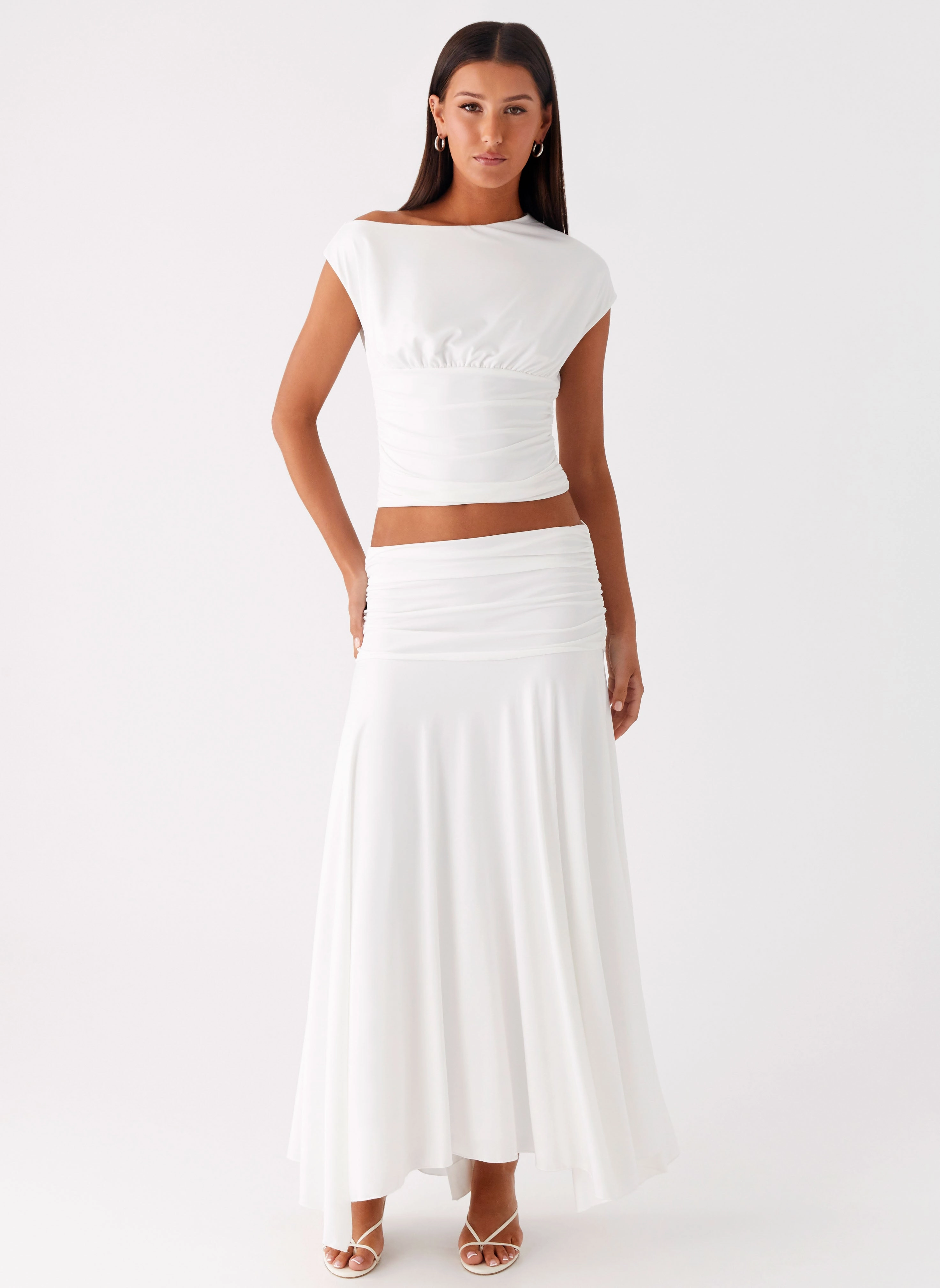 Liana Ruched Maxi Skirt - White Basic Stretch