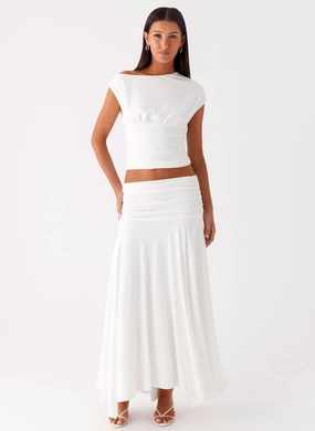Liana Ruched Maxi Skirt - White Basic Stretch