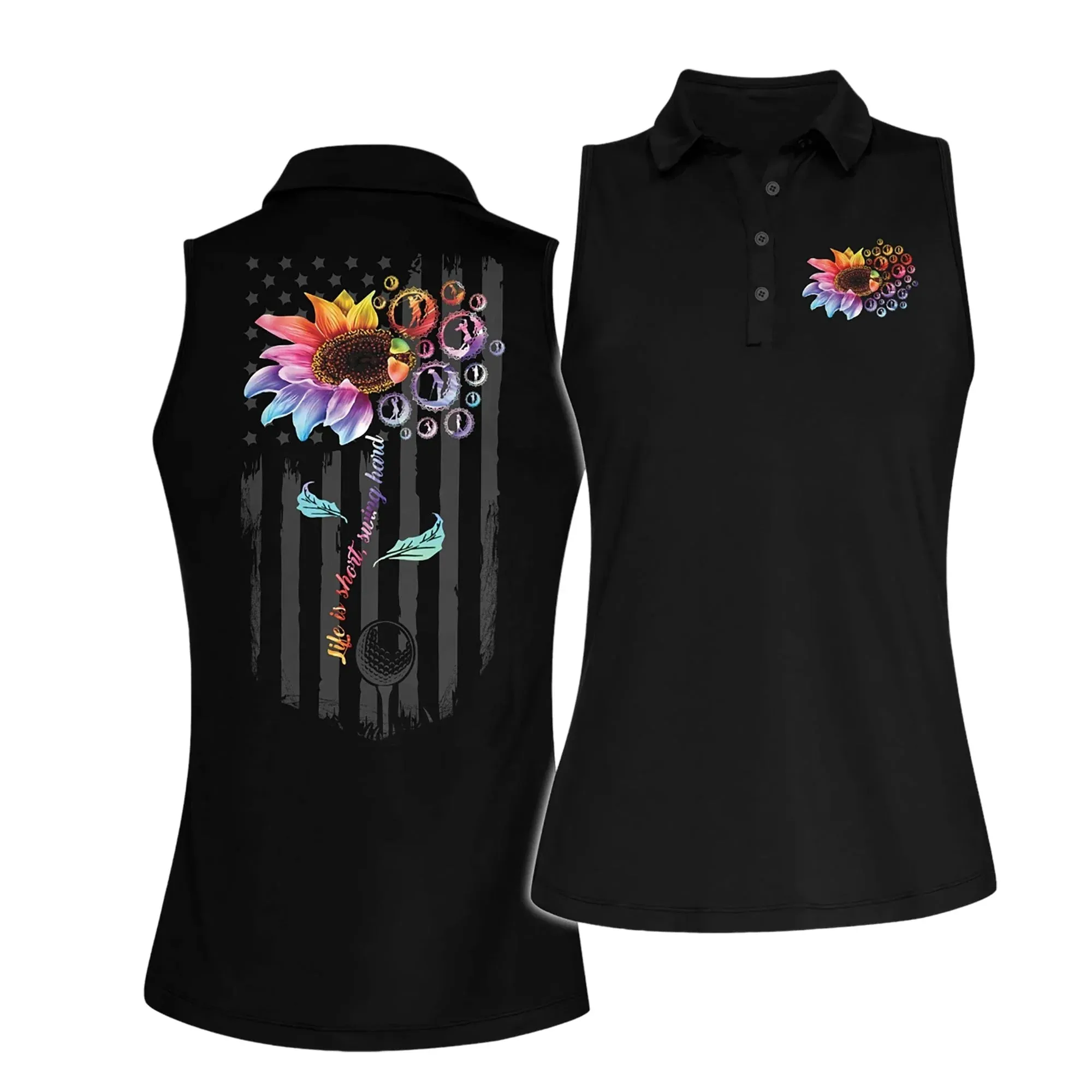 Life Is Short Swing Hard Sunflower Golf Women Sleeveless Polo Shirt,  Polo Shirts for Women Sleeveless Summer Sports