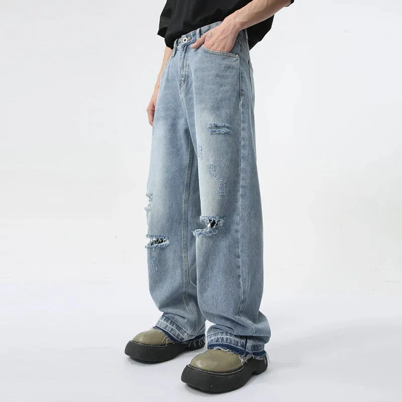 Light Blue Worn-out Hole Design Men's Jeans