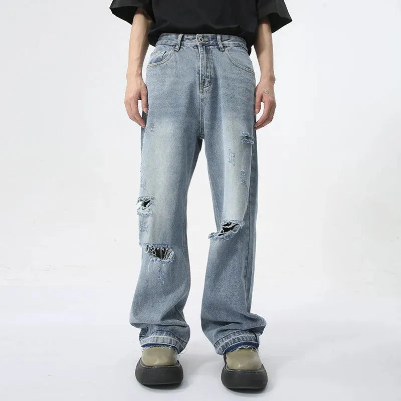 Light Blue Worn-out Hole Design Men's Jeans