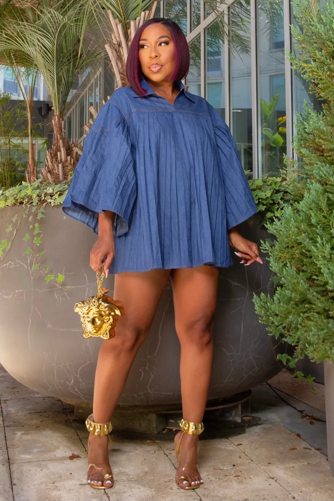 Demetria Pleated Oversized Mini Dress Natural Tones Daily Comfort