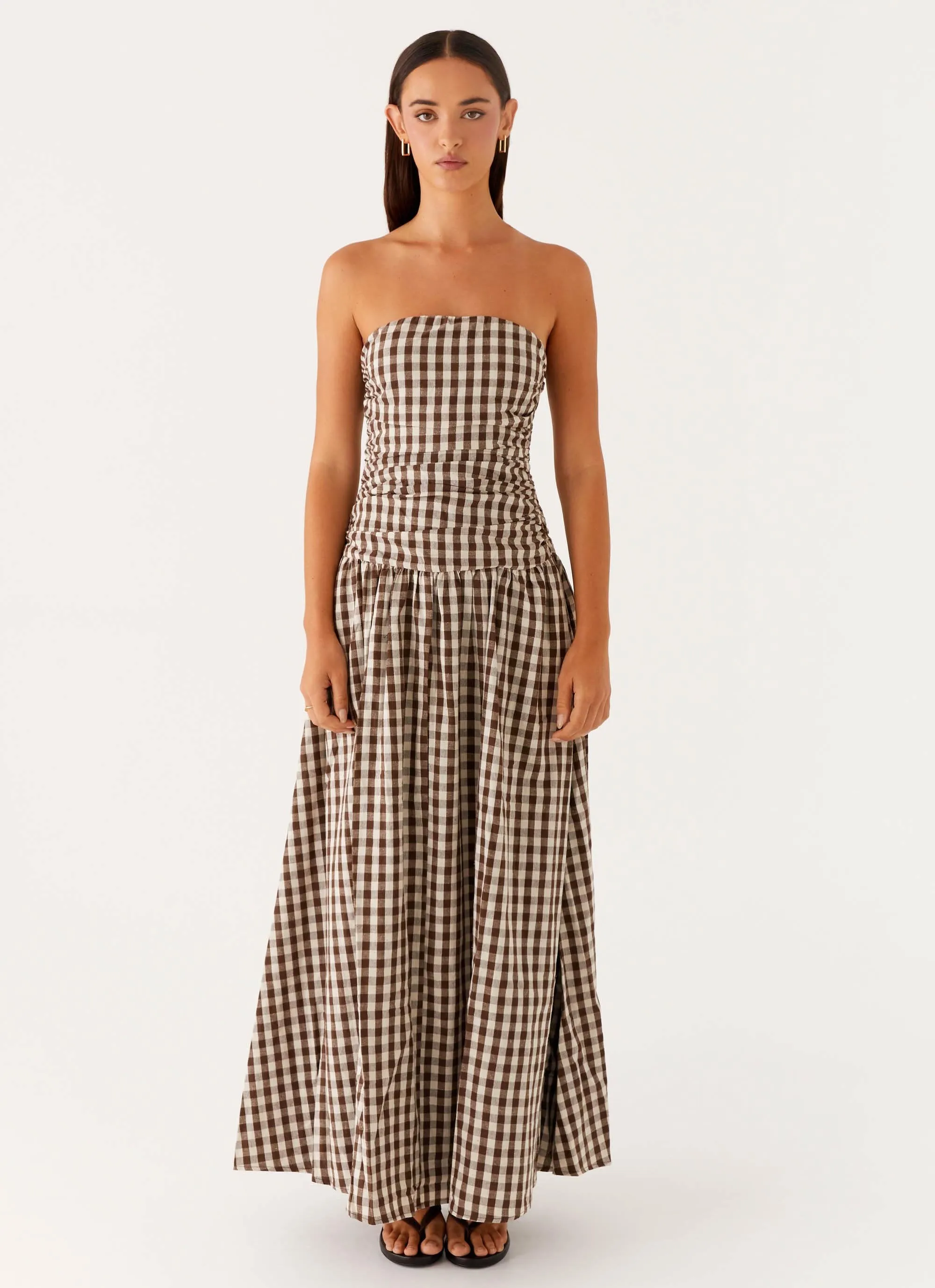 Carmel Maxi Dress - Brown Gingham Mid Fit Shine Soft
