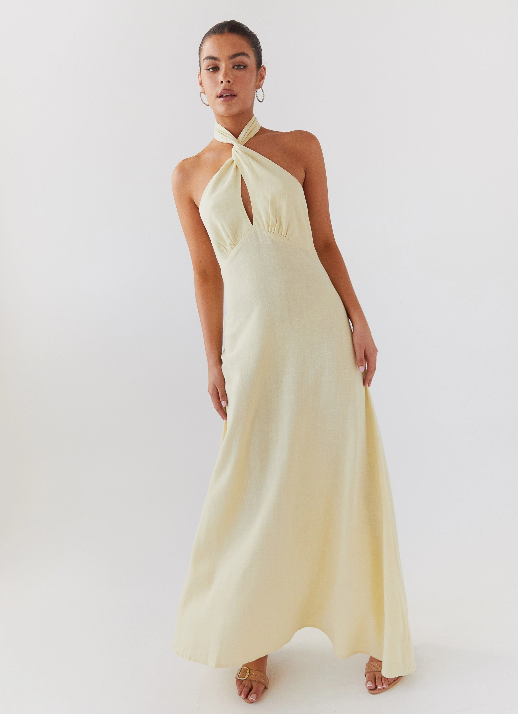 Sister Charm Formal Aura Adrienne Linen Maxi Dress - Lemon
