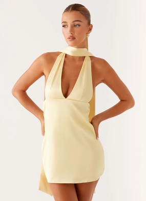 Alicia Satin Halter Mini Dress - Pastel Yellow Layered Fabric