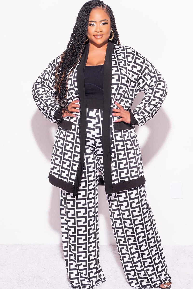 Minimal Stretch Fit Final Sale Plus Size Flocked Plaid 3pc Triangle Top, Maxi Cardigan and Pants Set in Black and White Maze Print